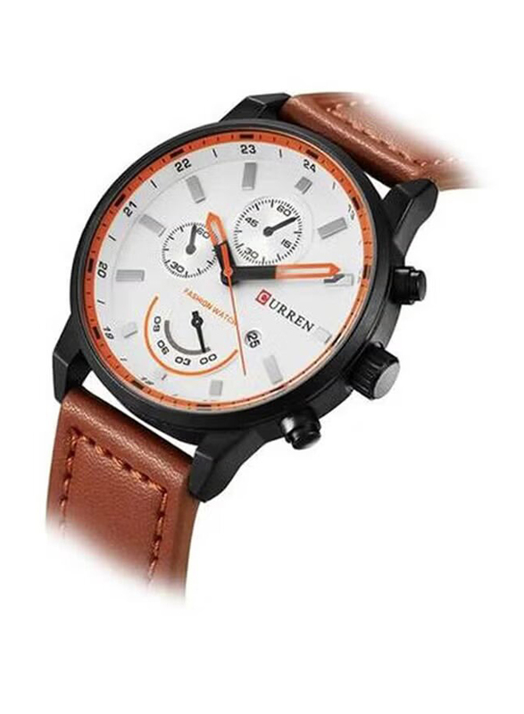 Curren Analog Watch for Men with Leather Band & Chronograph, M-8217-1, Brown-White