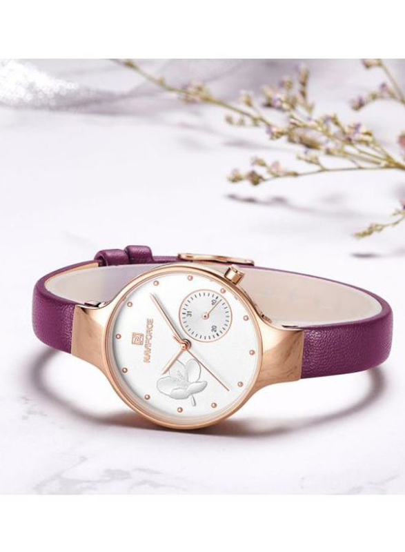 Naviforce Analog Wrist Watch for Women with Leather Band, Water Resistant, NF5001, Purple-White