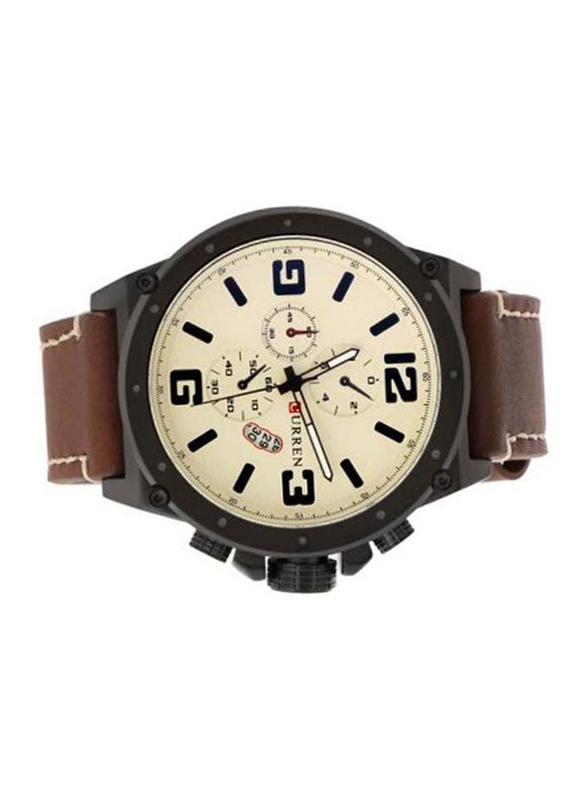 Curren Analog Watch for Men with Leather Band, Water Resistant and Chronograph, WT-CU-8230-W, Brown-Beige