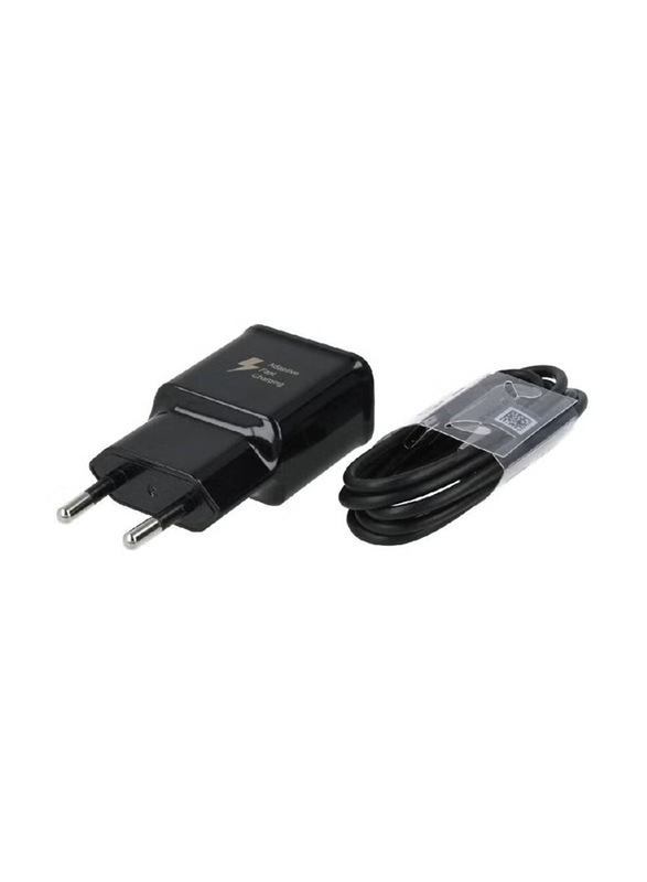 2-Pin USB Fast Charging EU Plug Travel Adapter with USB Type-C Data Cable, Black