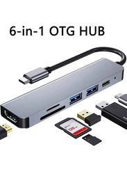 6-in-1 USB Type C Adapter Hub Multiport with 4K HDMI/USB2.0/USB3.0 Ports SD/TF Card Reader, Grey