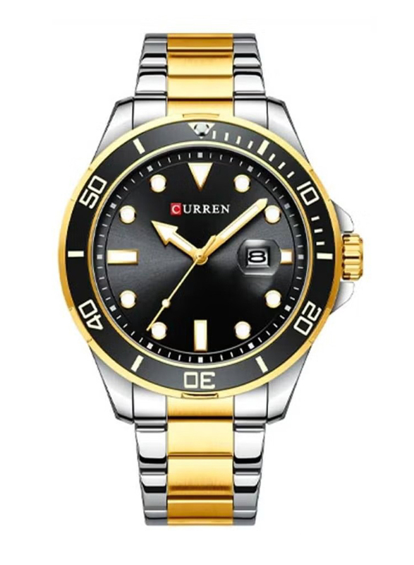 Curren Analog Watch for Men with Stainless Steel Band, Water Resistant, 8388, Silver/gold-Black
