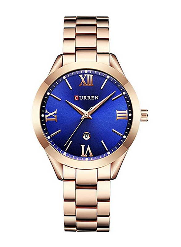 Curren Analog Watch for Women with Stainless Steel Band and Water Resistant, WT-CU-9007-RGO2#D4, Rose Gold-Blue