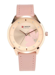 Curren Analog Watch for Women with Leather Band, 9048, Pink-Beige