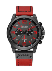 Curren Date Display Analog Chronograph Quartz Wrist Watch for Men with Leather Band, Water Resistant, 8314, Red-Grey