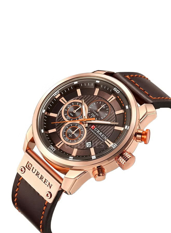 Curren Analog Watch for Men with Leather Band, Water Resistant & Chronograph, J3103BR, Brown-Brown/Gold