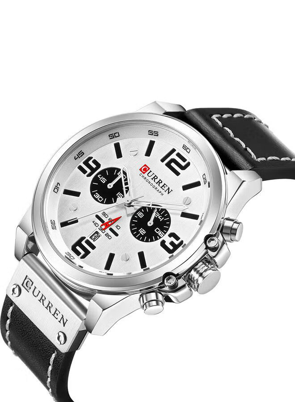 Curren Stylish Analog Watch for Men with Leather Band, J3559W-KM, Black-White