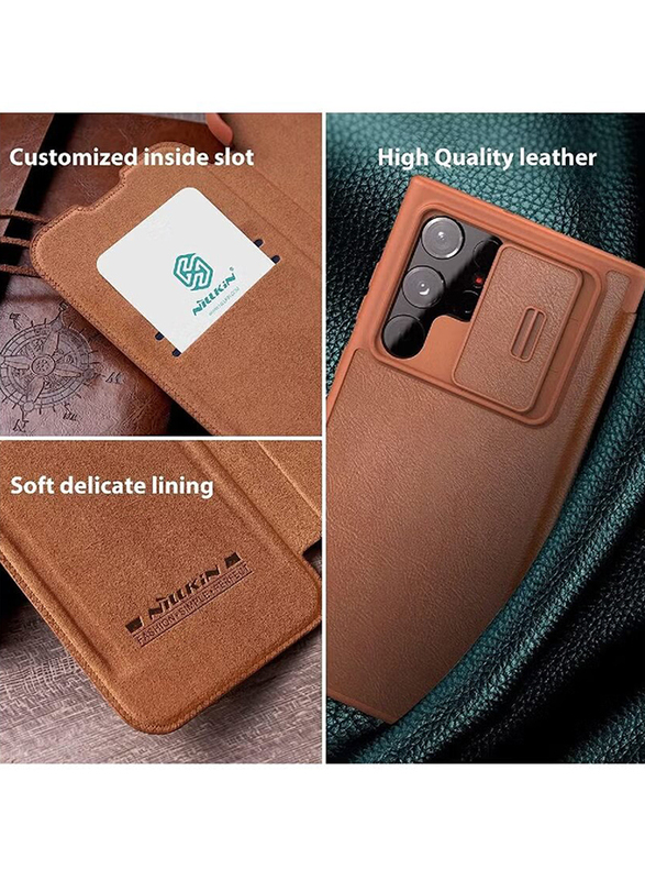 Nillkin Samsung Galaxy S22 Ultra Qin Series Leather Case with Slide Camera Protection Mobile Phone Case Cover, Brown