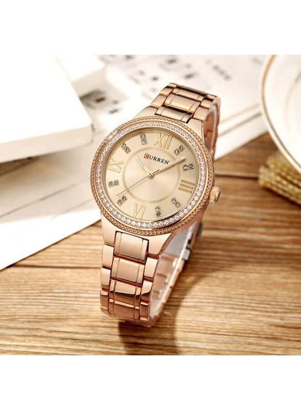 Curren Analog Watch for Women with Stainless Steel Band, Water Resistance, WT-CU-9004-RGO, Rose Gold-Gold