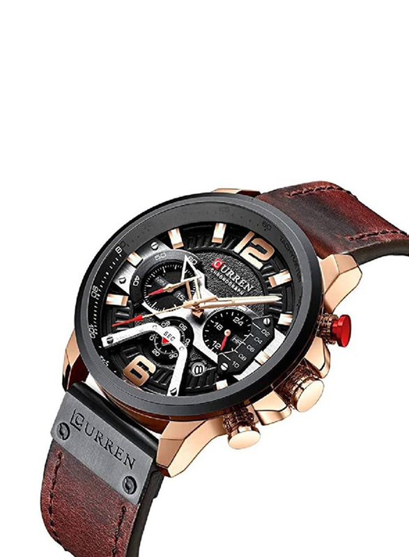 Curren Analog Quartz Watch for Men with Leather Band, Water Resistant and Chronograph, Brown-Black