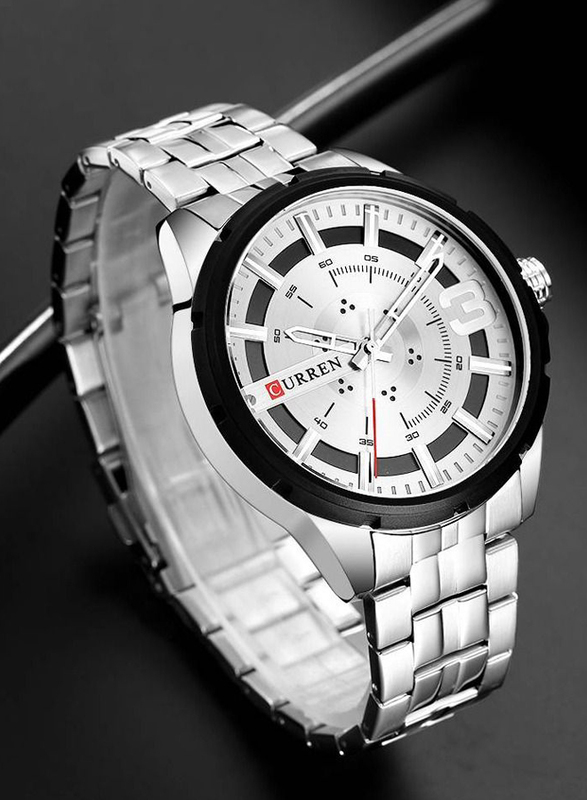 Curren Analog Watch for Men with Stainless Steel Band, Water Resistant, J3939W, Silver-White
