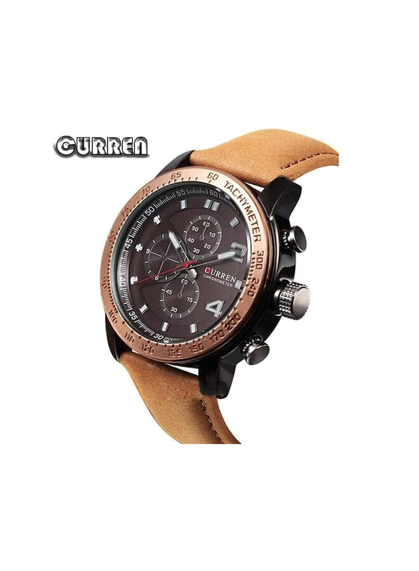 Curren Analog Watch for Men with Leather Band, Water Resistant and Chronograph, 8190, Brown-Red