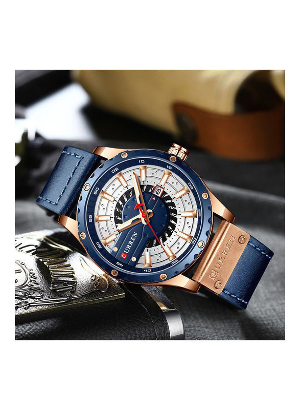 Curren Analog Quartz Watch for Men with Leather Band, Water Resistant, 8374, Blue-Multicolour