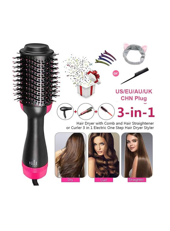 3-in-1 Hair Dryer and Styling Brush, Black/Pink