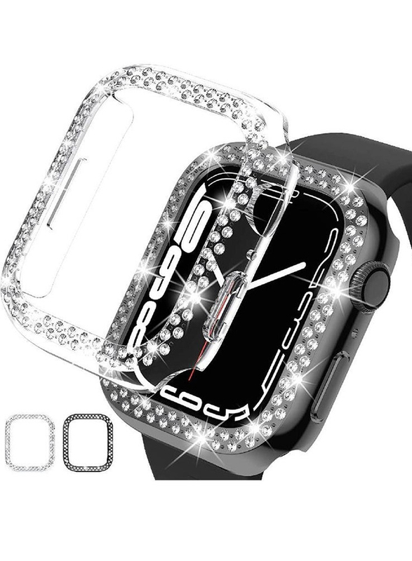 Protective iWatch PC Bling Diamond Crystal Frame Case Cover for Apple Watch Series 7 45mm, 2 Pieces, Clear/Black