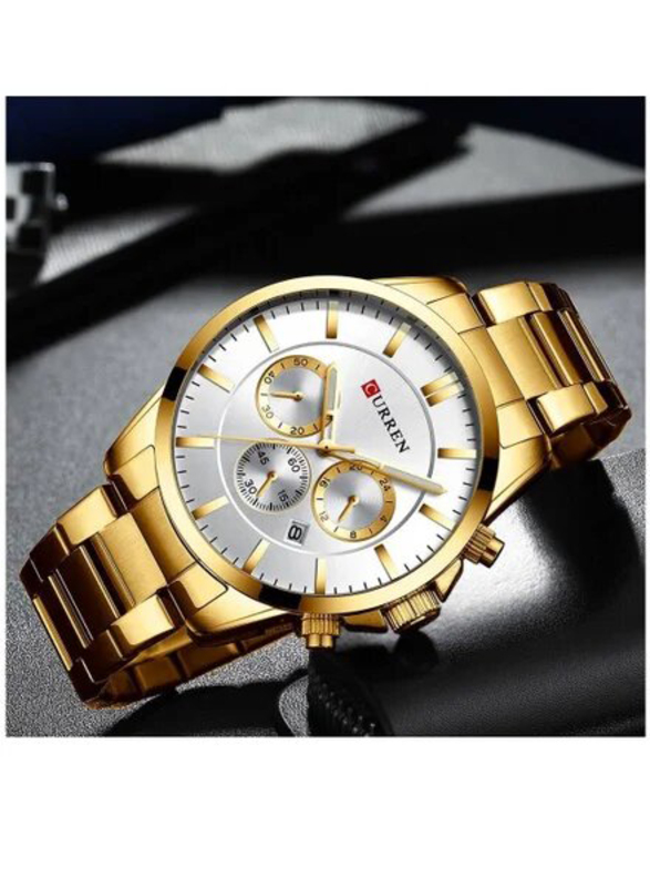Curren Analog Watch for Men, Water Resistant and Chronograph, 8358, Gold/White