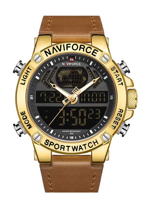 

Naviforce Analog + Digital Watch for Men with PU Leather Band, Water Resistant, NF9164, Brown-Black