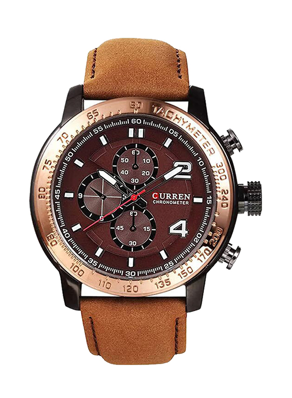 Curren Analog Watch for Men with Leather Band, Water Resistant and Chronograph, 8190, Brown-Red
