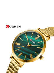 Curren Analog Watch for Women with Stainless Steel Band, Water Resistant, 9076, Gold-Green