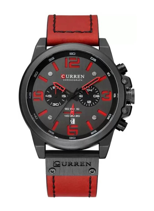 Curren Analog Watch for Men with Leather Band, Water Resistant and Chronograph, J3559R-KM, Red-Black