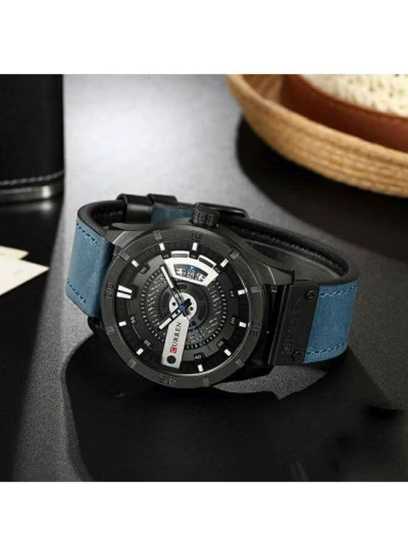 Curren Analog Quartz Watch for Men with Leather Band, Water Resistant, WT-CU-8301-GR, Blue-Black