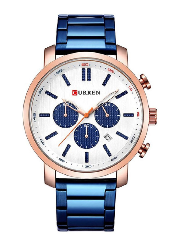 Curren Analog Watch for Men with Stainless Steel Band, Water Resistant and Chronograph, 8315, White-Blue