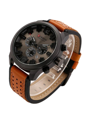 Curren Analog Wrist Watch for Men with Leather Band, Water Resistant and Chronograph, WT-CU-8289-GY, Brown/Black-Grey