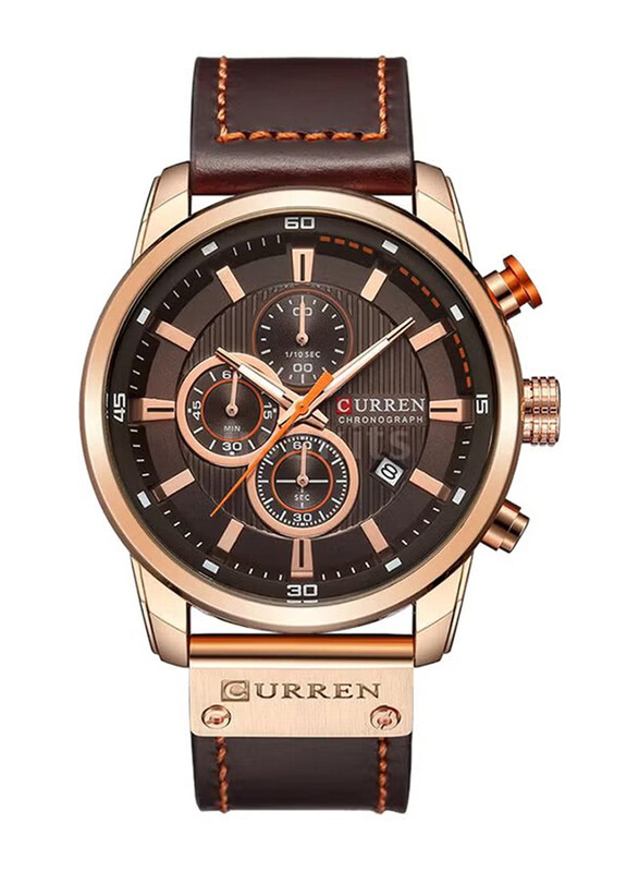 Curren Analog Watch for Men with Leather Band, Water Resistant & Chronograph, J3103BR, Brown-Brown/Gold