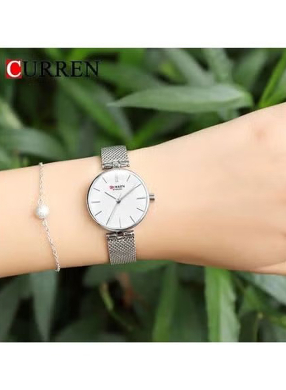 Curren Analog Wrist Watch for Women with Stainless Steel Band, Water Resistant, 9038, Silver-White