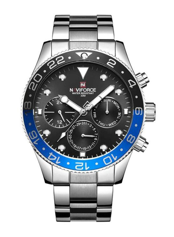 Naviforce Analog Watch for Men with Stainless Steel Band, Water Resistant and Chronograph, 9147 S-B, Silver-Black/Blue