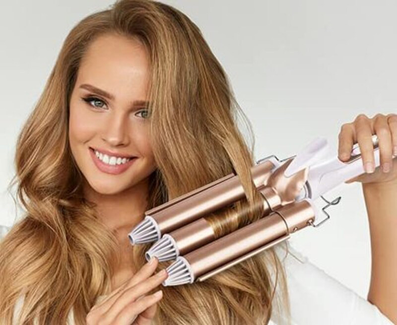 Hiciti 3 Barrels Hair Curling Iron Hair Waver, Gold/White