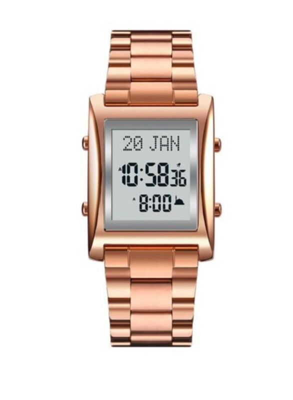 SKMEI Islamic Square Digital Adhan Alarm & Islamic Calendar Watch for Men with Stainless Steel Band, Water Resistant, Rose Gold-Grey