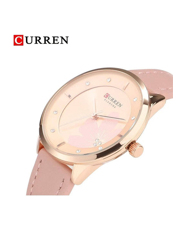 Curren Analog Watch for Women with Leather Band, 9048, Pink-Beige