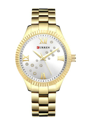 Curren Analog Watch for Women with Stainless Steel Band, Water Resistant, 9009, Gold-White