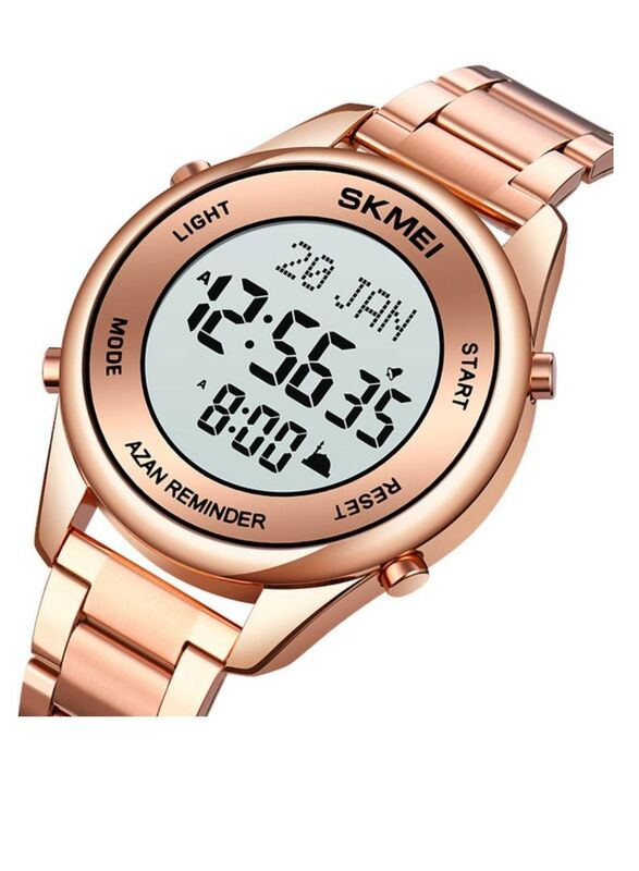 SKMEI Islamic Round Digital Adhan Alarm & Islamic Calendar Watch for Men with Stainless Steel Band, Rose Gold-Grey