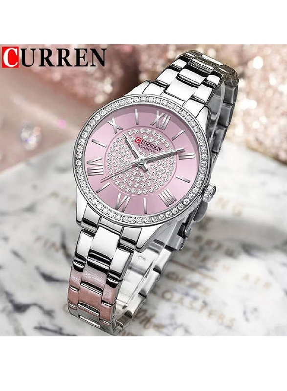 Curren Analog Watch for Women with Stainless Steel Band, Water Resistant, Silver-Pink