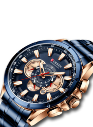 Curren Analog Watch for Men with Stainless Steel Band, Water Resistant and Chronograph, J4211BL-KM, Blue-Rose Gold/Blue