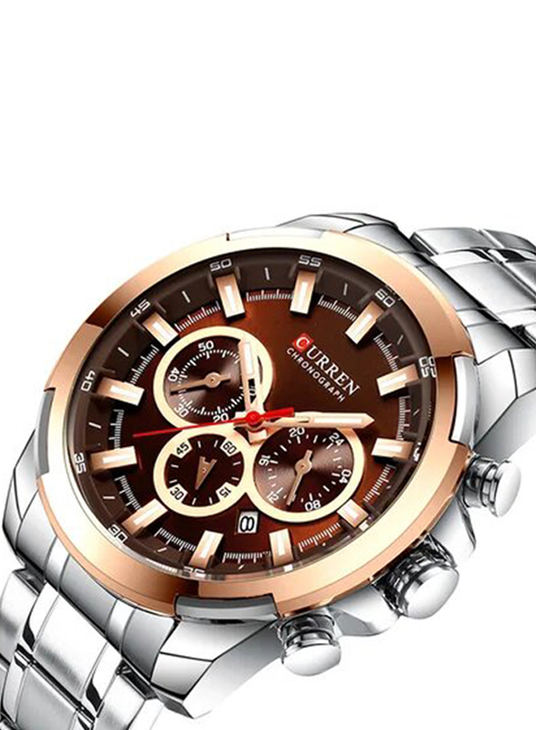 Curren Analog Watch for Men with Metal Band, Chronograph, J4195S-K-KM, Silver/Brown