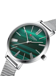 Curren Analog Watch for Women with Stainless Steel Band, Water Resistant, 9076, Silver/Green