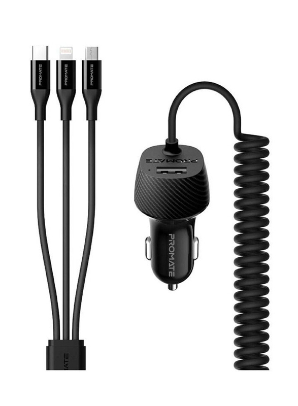 Ultra-Fast Car Charger with 3-in-1 Cable and One USB Port, Black