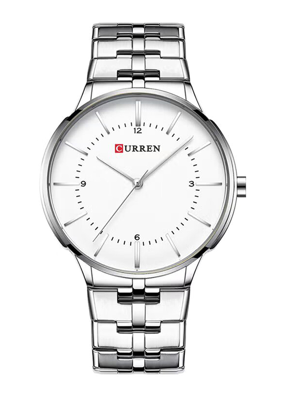 Curren Analog Quartz Watch for Men with Metal Band, Water Resistant, J3633SW, Silver-White