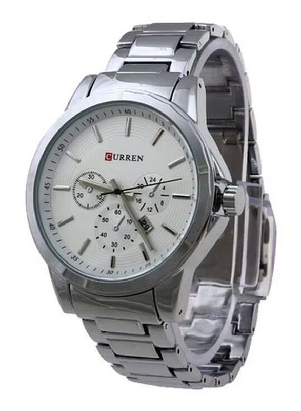 Curren Analog Wrist Watch for Men with Stainless Steel Band, Water Resistant and Chronograph, 8129, Silver-White
