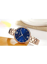 Curren Analog Watch for Women with Stainless Steel Band, Water Resistant, WT-CU-9017-RGO2, Gold-Blue