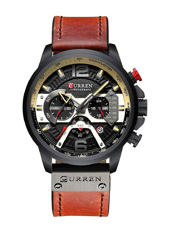 Curren Fashion Analog Quartz Watch for Men with Leather Band, Water Resistant and Chronograph, Red-Black