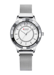 Curren Analog Watch for Women with Stainless Steel Band, Water Resistant, 9066, White-Silver