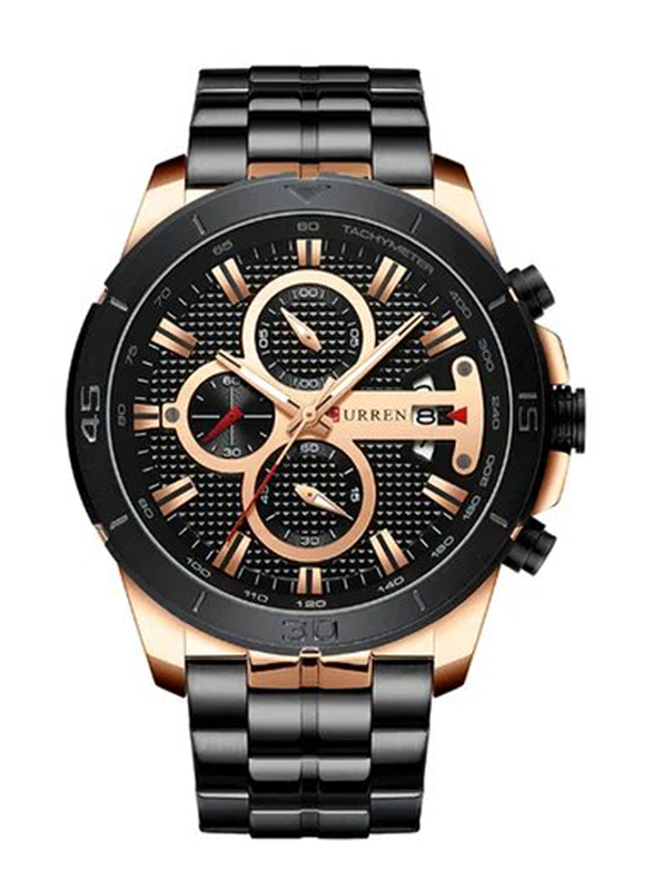 Curren Analog Watch for Men with Stainless Steel Band, Water Resistant and Chronograph, J3947B-KM, Black/Black