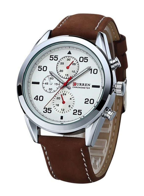 Curren Analog Wrist Watch for Men with Leather Band, Chronograph, 8156, Brown-White