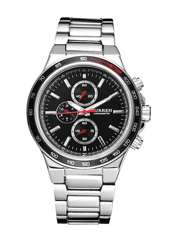 Curren Analog Watch for Men with Stainless Steel Band, Water Resistant and Chronograph, M8011, Silver-Black