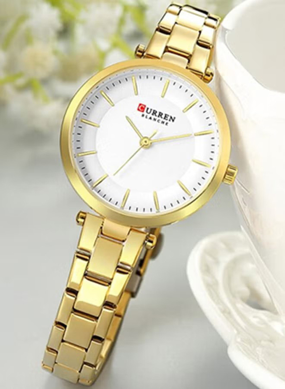 Curren Analog Watch for Women with Stainless Steel Band, Water Resistant, 9054, Gold-White