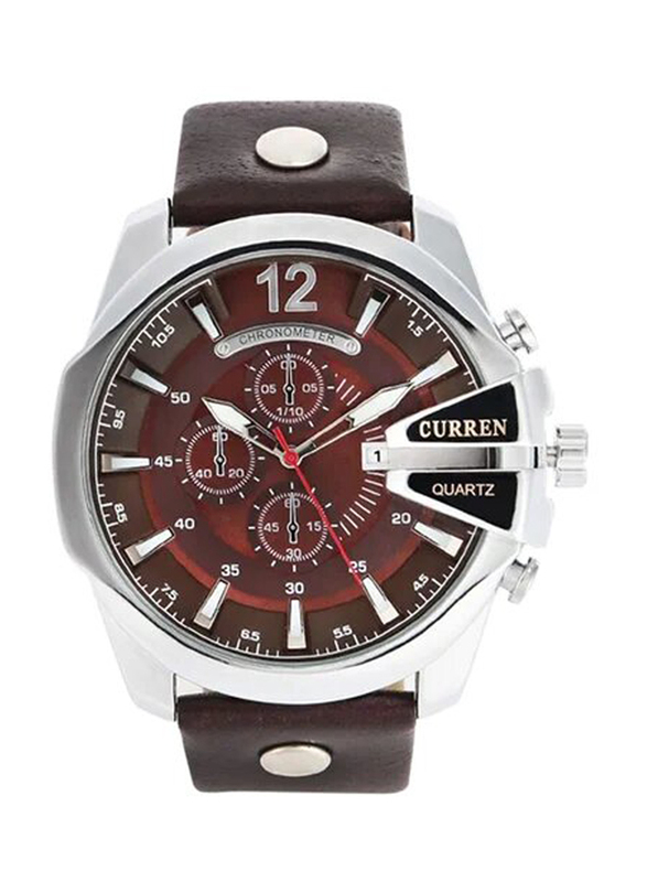 Curren Analog Watch for Men with Leather Band, 8176, Brown/Burgundy